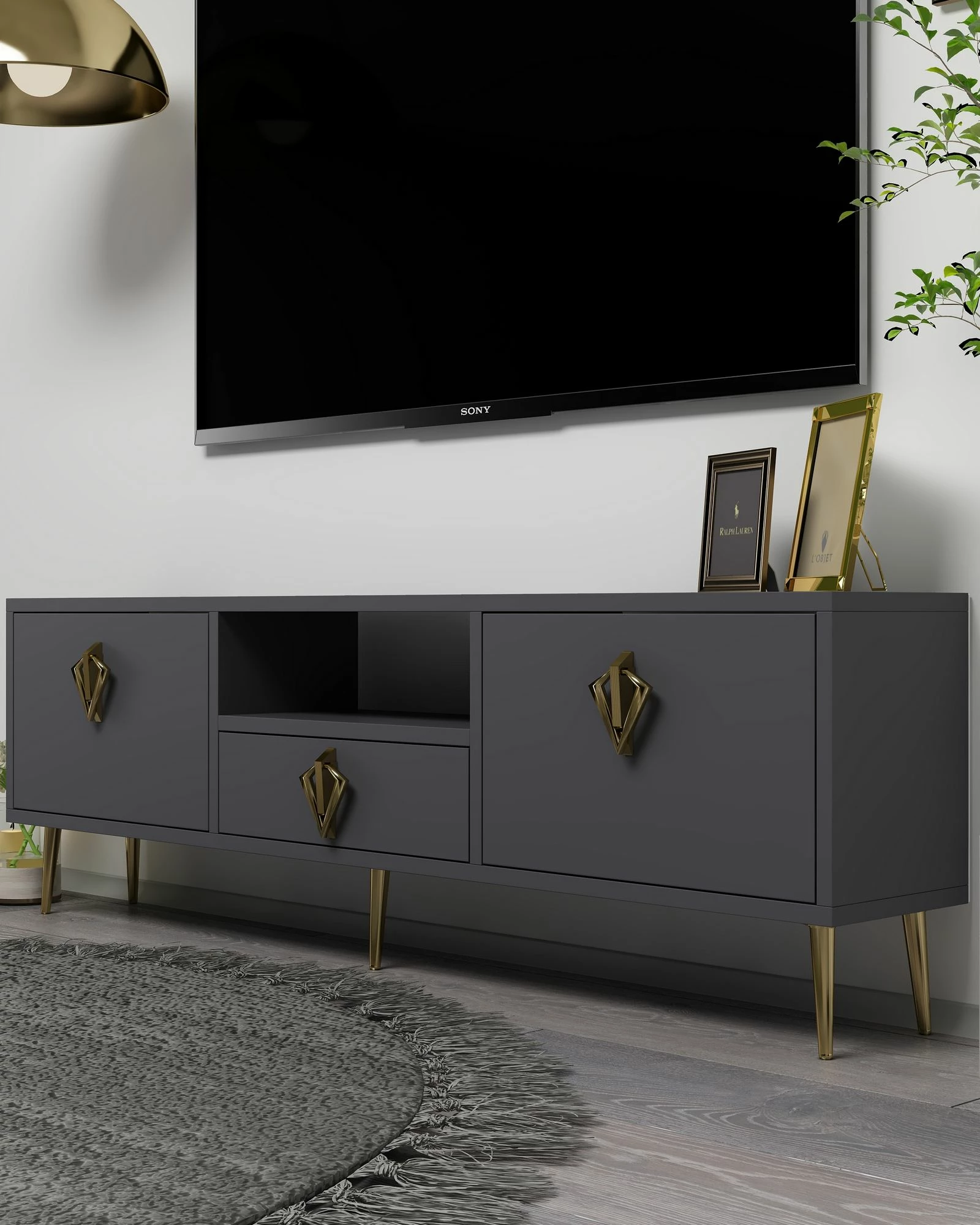 Komodë TV, ngjyrë antracit dhe ari, Skye Decor, 1313-DROP-32