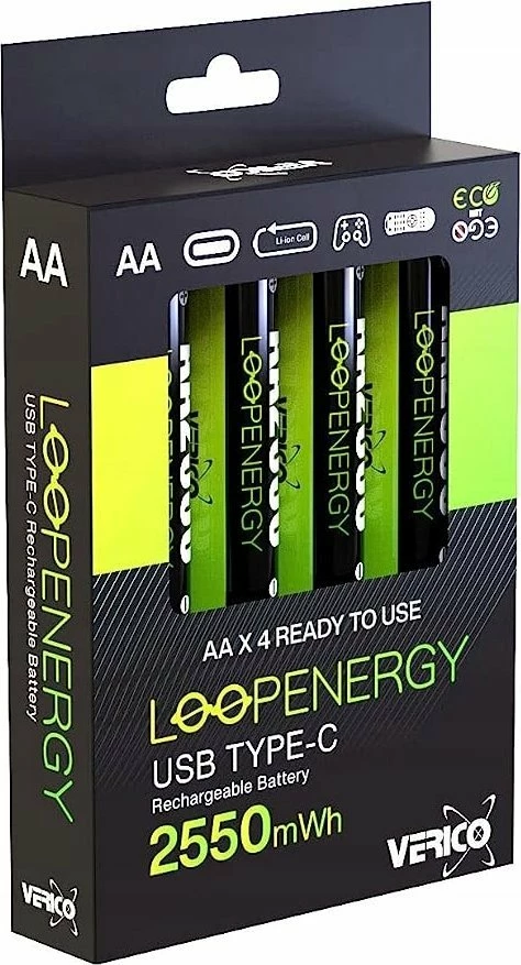 Bateri rikarikueshme Verico LoopEnergy AA2550, AA/R6, 1.5V, 1700mAh, USB-C, set 4 copë