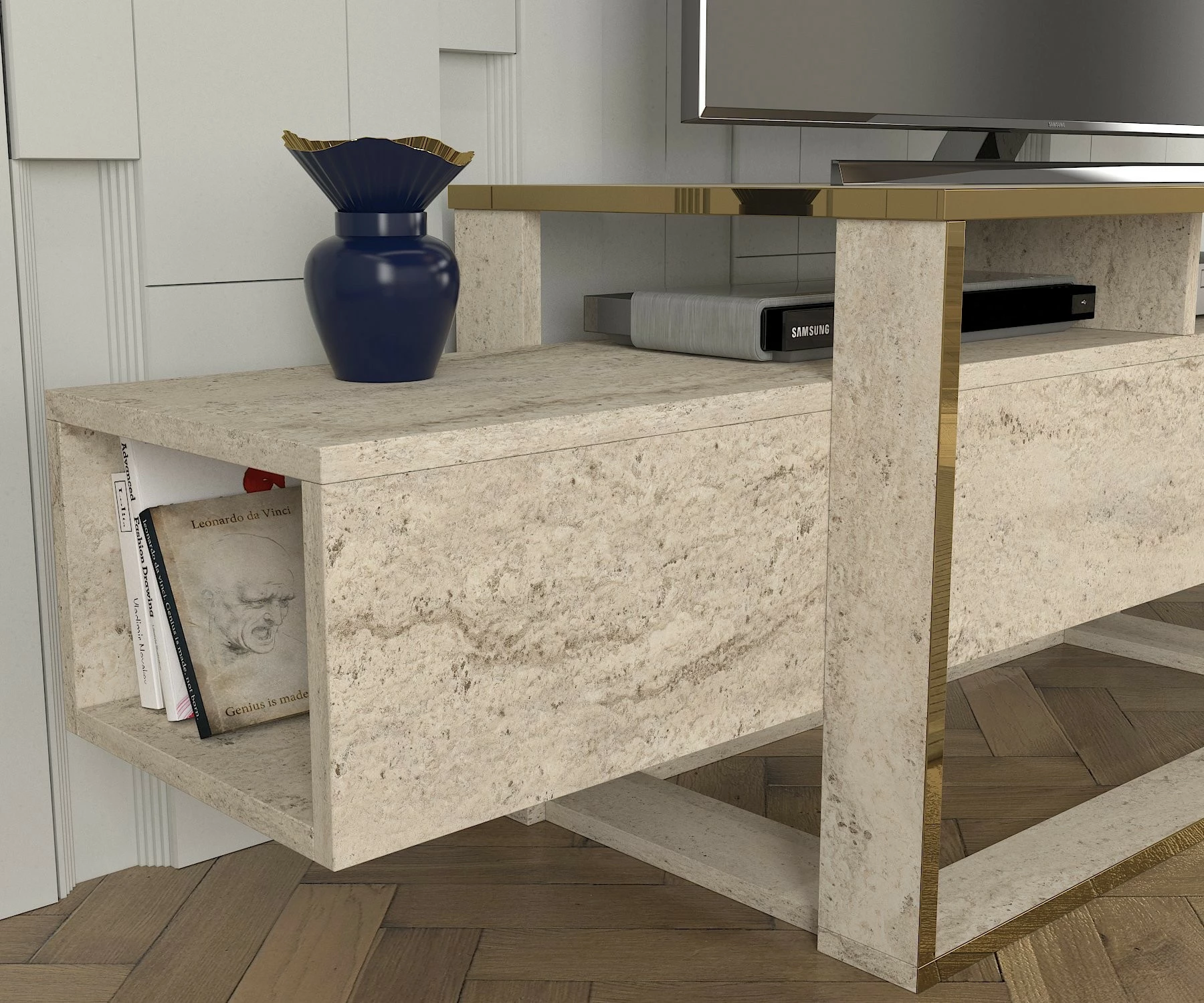 Komodë TV Hanah Home, ngjyrë travertin, Bianco