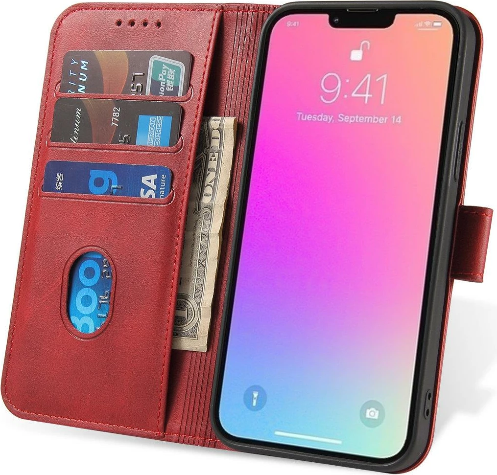 Mbështjellës Hurtel Magnet Case për Samsung Galaxy S23, me kapak, portofol dhe qëndrim, Kuq