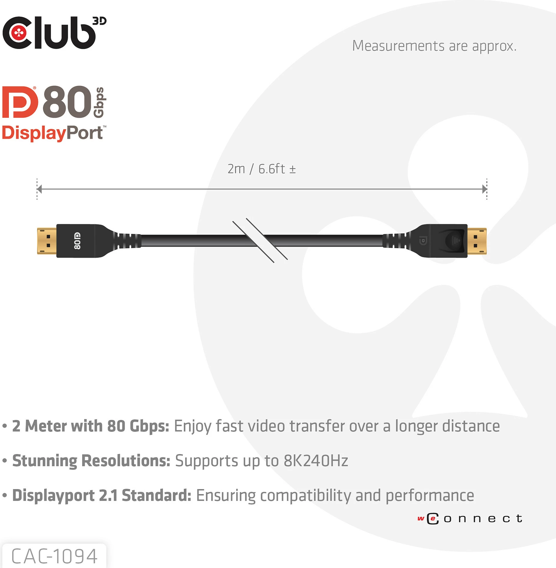 Kabllo DisplayPort Club 3D CAC-1094, DP 2.1 DP80, 2m, 8K 240Hz, e zezë