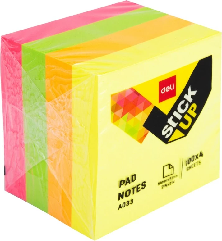 Deli Postit 51X51 400Fl Neon Mix 1/4 A03303