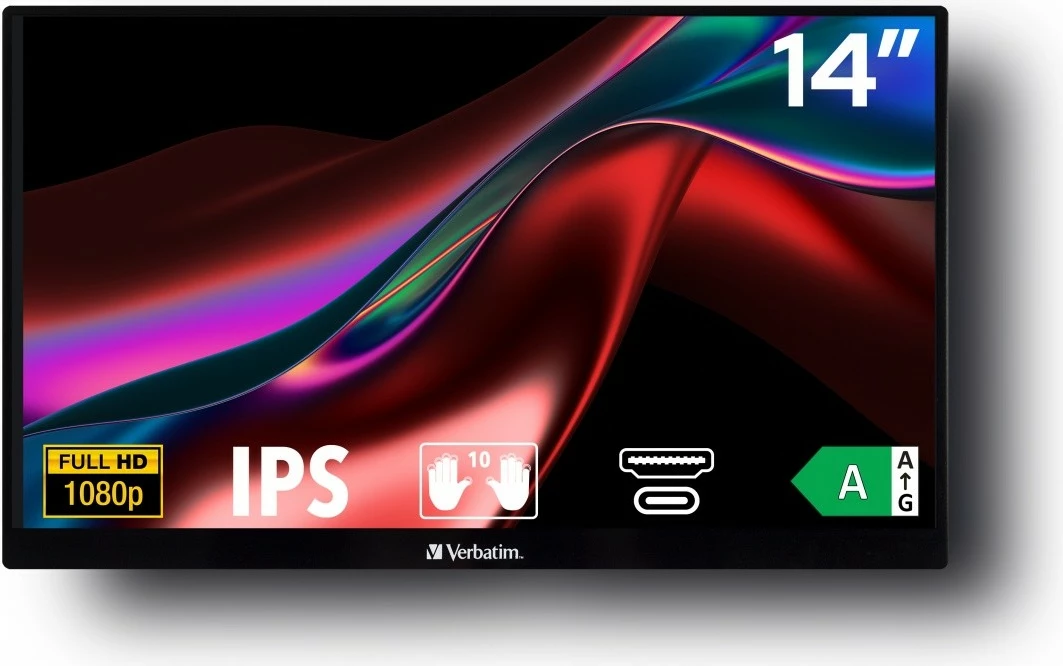 Monitor portativ me prekje, Verbatim PMT-14, 14" Full HD IPS, 10-pika, altoparlantë të integruar, USB‑C/HDMI, i zi