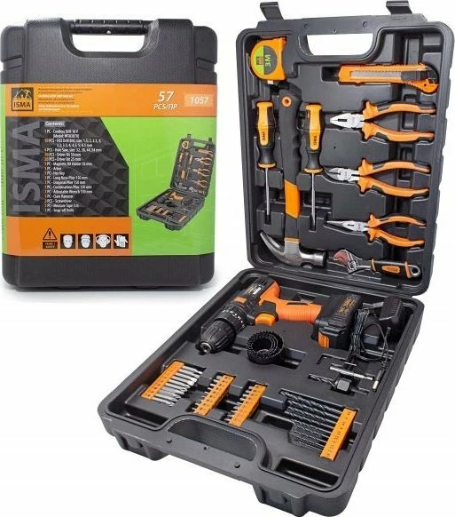 Set veglash Isma 50646 57 copë me shpuese pa kabllo, në kasë, zezë/portokalli