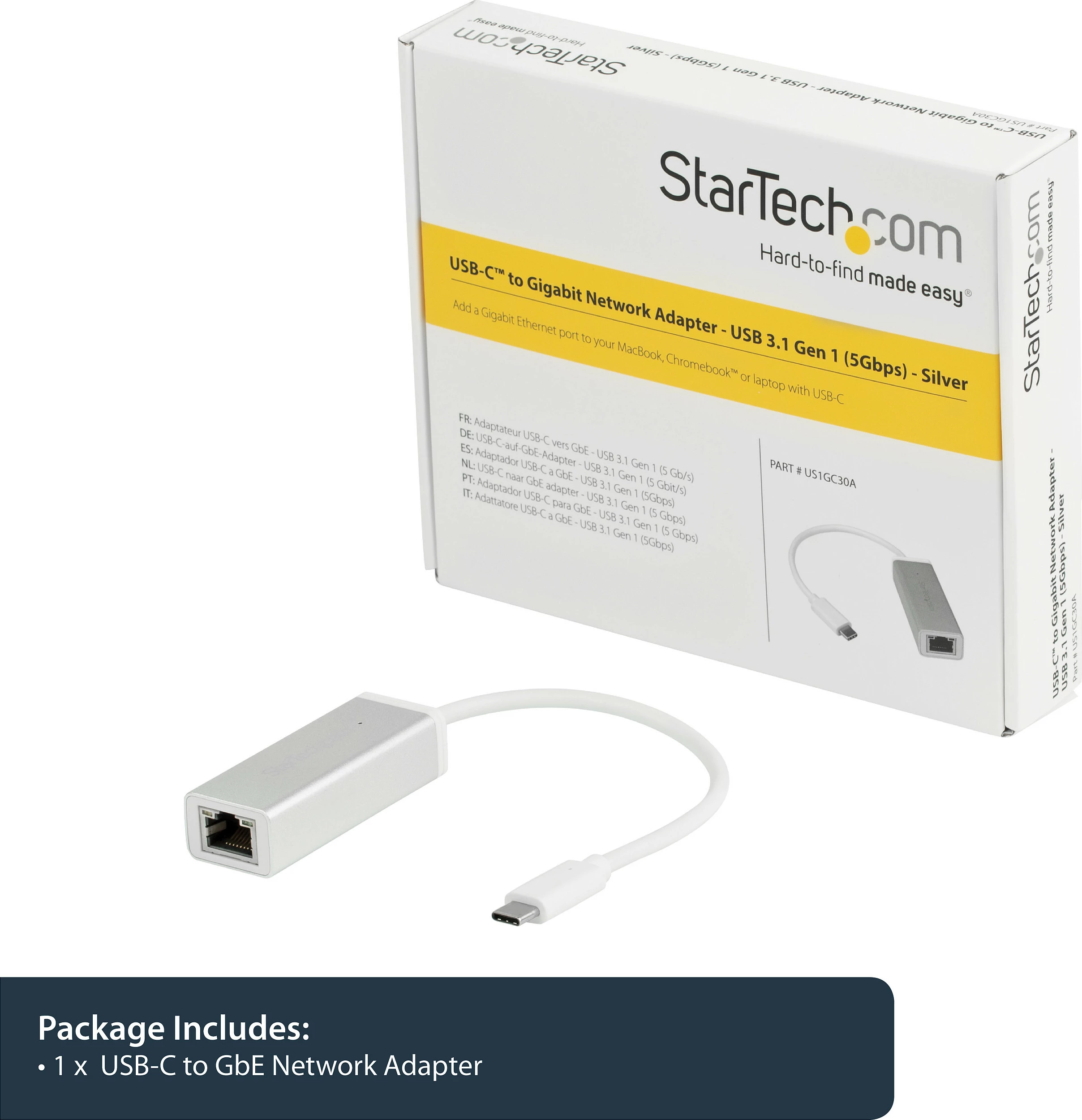 Adapter rrjeti StarTech US1GC30A, USB-C në Gigabit Ethernet RJ-45, 10/100/1000 Mbps, alumin, argjendtë