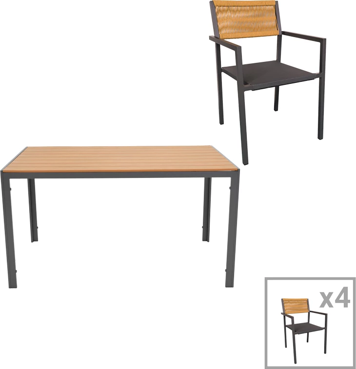 Tavolinë me karrige Savor-Nares set prej 5 copash alumini dhe ratan ngjyrë natyrale 140x80x72.5cm