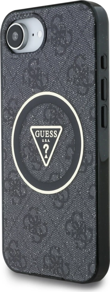 Mbështjellës Guess IML Metal Glitter 4G Circle Triangle MagSafe për iPhone 16e, i zi
