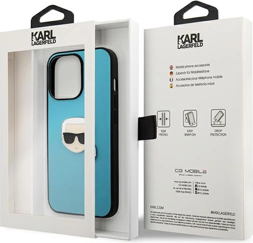 Mbështjellës Karl Lagerfeld KLHCP13XPKMB për iPhone 13 Pro Max 6.7\", hardcase lëkurë eko me emblemë metalike 3D, blu, me kuti