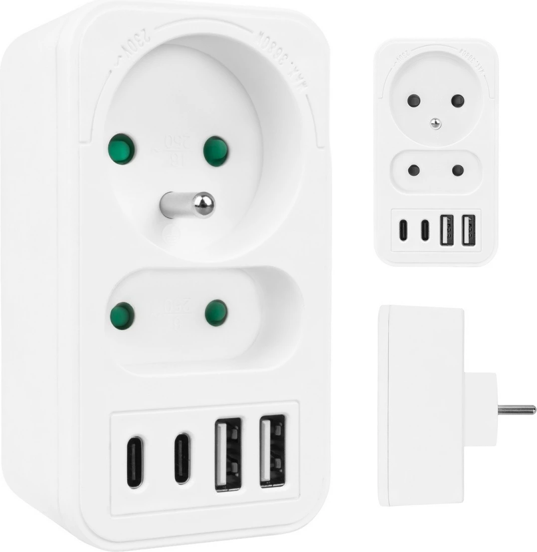 Shpërndarës prizash Maclean MCE249 F/W, 2 dalje AC (Schuko + Euro), 2x USB-A 18W, 2x USB-C PD 20W, i bardhë