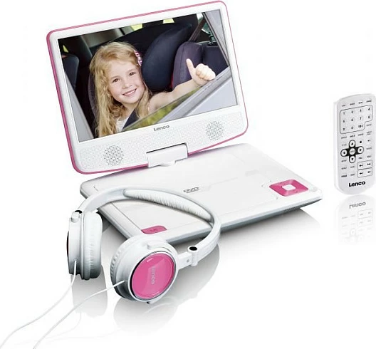 DVD Player portativ Lenco DVP-910, 9 inç, USB, me mbajtëse për makinë, rozë/bardhë