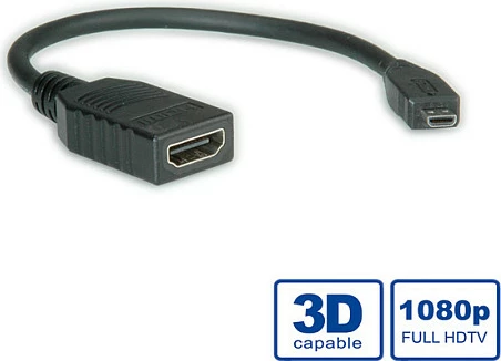 Kabllo HDMI ROLINE High Speed, HDMI Type A femër - Micro HDMI Type D mashkull, 0.15 m, e zezë