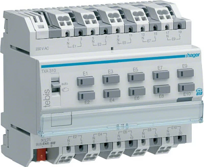Modul hyrjesh binare KNX Hager Tehalit TXA310, 10 hyrje, 230V