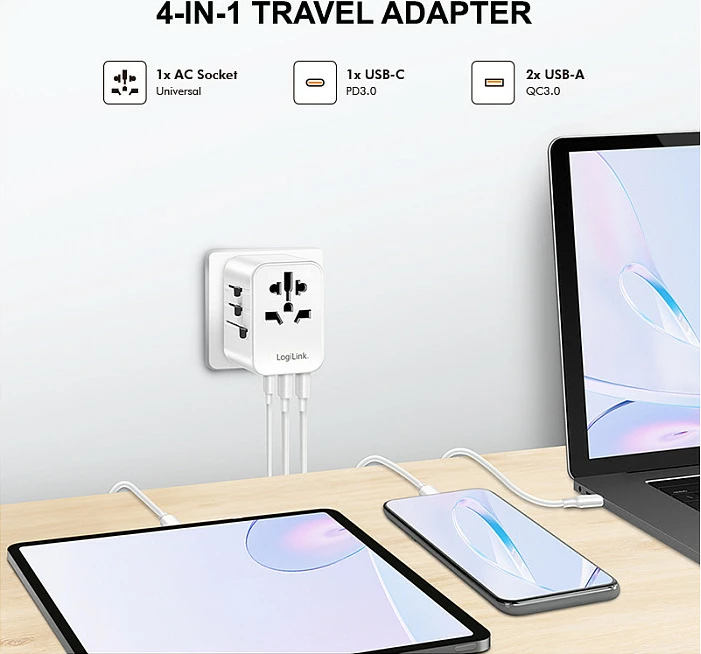 Karikues udhëtimi LogiLink, 20W GaN, 3 porta (1x USB-C PD, 2x USB-A QC), i bardhë