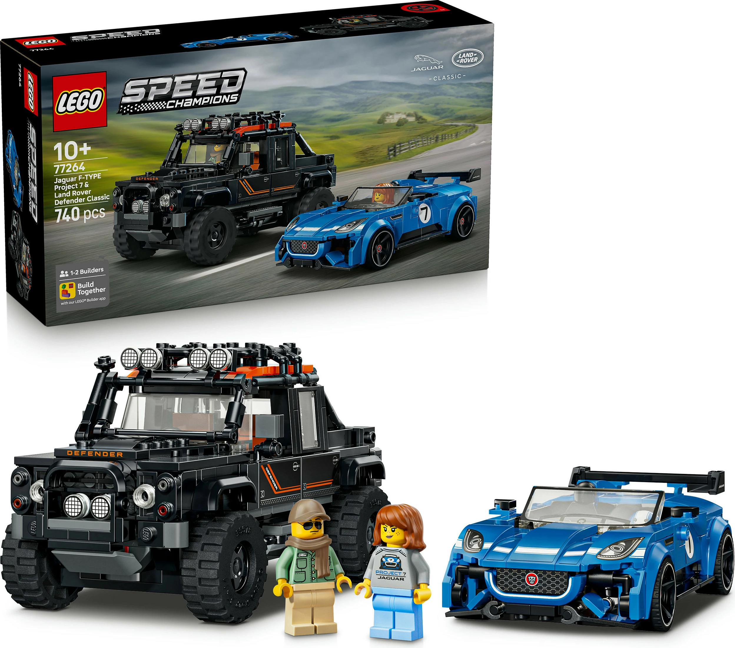 Set ndërtimi LEGO Speed Champions 77264 Jaguar F-Type Project 7 & Land Rover Classic Defender, 740 copë, 10+, blu/zi