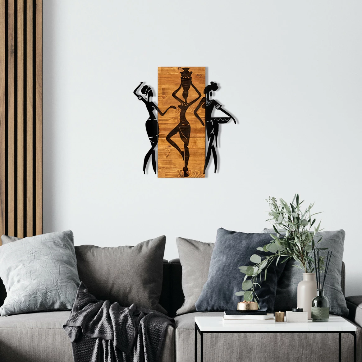 Aksesor dekorativ për mur, dru dhe metal, Wallity, Afrikan, ngjyrë e zezë dhe arre, 54x58cm