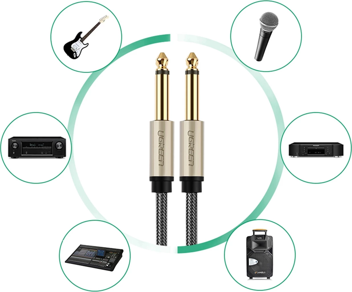 Kabllo audio mono TS Ugreen AV128 10636, 6.35mm jack në 6.35mm jack, 1m, Gri