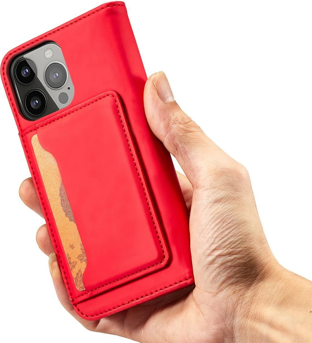 Mbështjellës Hurtel Magnet Card Case për iPhone 14 Pro, me kapak, portofol dhe mbajtëse, Kuq