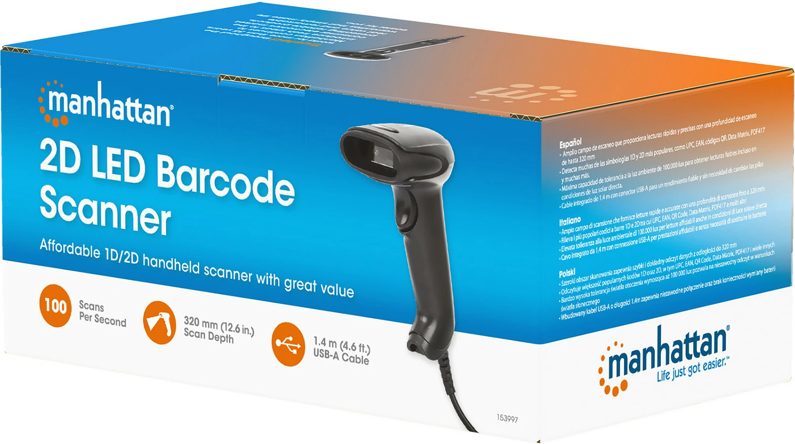 Skaner barkodi MANHATTAN 2D LED, USB, kabllo 1.4 m, i zi