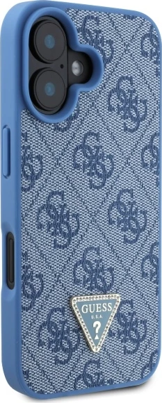Mbështjellës Guess për iPhone 16, lëkurë, logo metalike, rrip, Blu