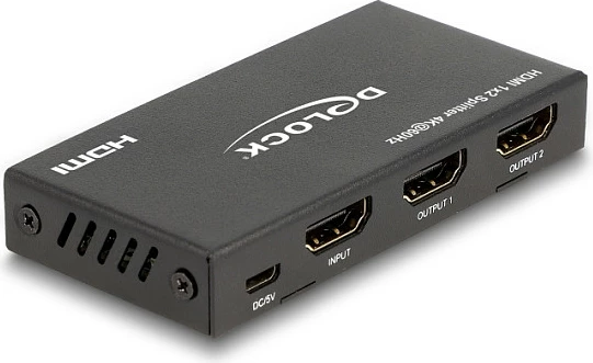 HDMI Splitter DeLOCK 1x HDMI In në 2x HDMI Out, 4K 60Hz, me Downscaler, USB Powered, i zi
