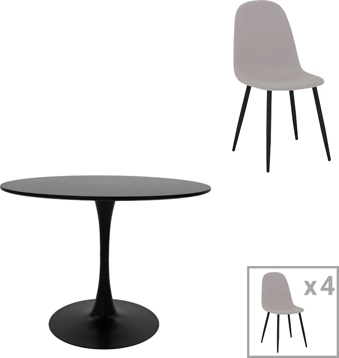 Tavolinë me karrige Bella-Balou, set 5 copë, MDF, ngjyrë e zezë-gri, D100x73cm