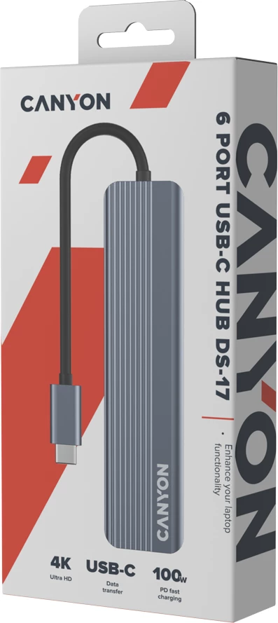 Hub USB-C CANYON DS-17 6n1 4K me Power Delivery, gri