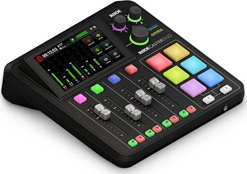 Konsolë prodhimi audio Rode RODECaster DUO, touchscreen, 4 faderë, microSD, 2.4 GHz wireless receiver, e zezë