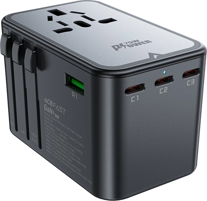 Karikues udhëtimi Acefast Z1 GaN, 75W, 3x USB-C, 2x USB-A, i zi