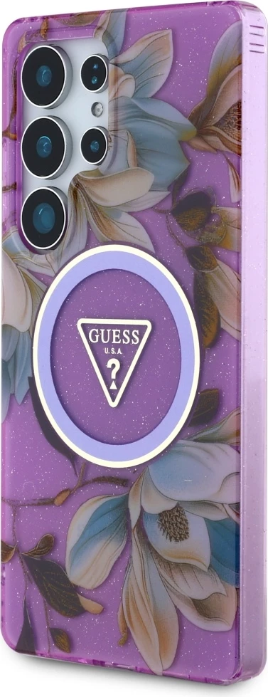 Mbështjellës Guess Glitter Flowers Triangle Buttons MagSafe për Samsung Galaxy S25 Ultra, me MagSafe, vjollcë