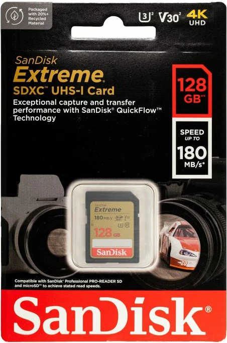Kartelë memorje SDXC, SanDisk Extreme SDSDXVA-128G-GNCIN, 128GB, UHS-I U3 V30, 180MB/s leximi 90MB/s shkrimi, me RescuePRO Deluxe 1 vjet