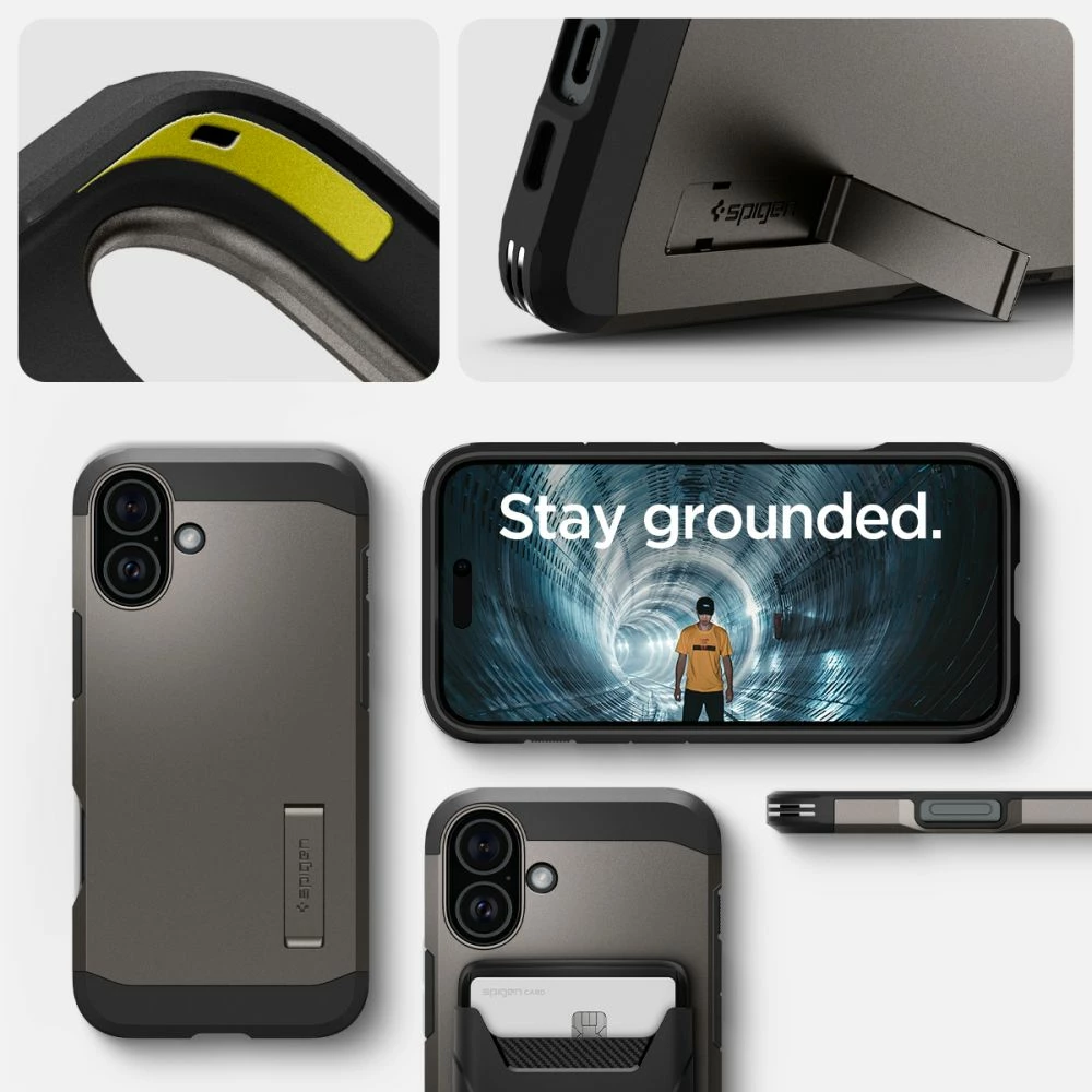 Mbështjellës Spigen Tough Armor Mag për iPhone 16, MagSafe, qëndrim i integruar, rezistencë MIL-STD, gunmetal