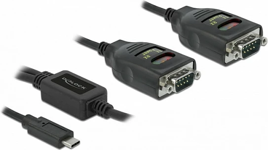 Adapter DeLOCK USB Type-C në 2x Serial RS-232 DB9, 0.35m, i zi