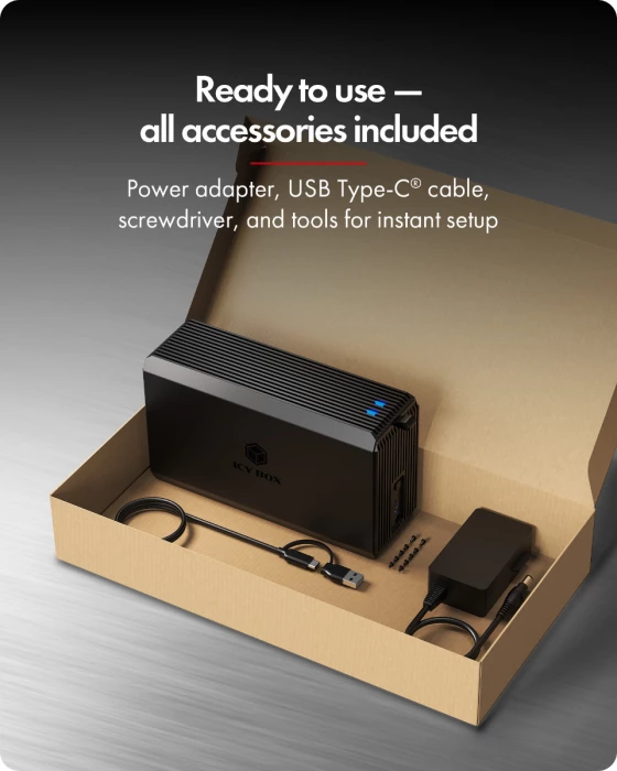 Kasë RAID për HDD/SSD ICYBOX IB-RD3720-CU3, 2x 3.5"/2.5" SATA, USB-C 3.2 Gen 1 5 Gbit/s, deri 60 TB, e zezë