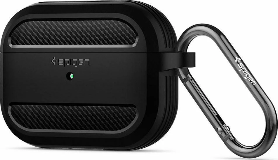 Mbështjellës mbrojtës Spigen Rugged Armor për AirPods Pro, TPU, dizajn karbon, me karabinë, i zi, me film mbrojtës