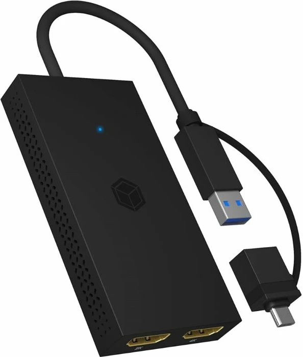 Adapter USB-C/USB-A në 2x HDMI, ICYBOX IB-SPL1029AC, 2K@60Hz + 4K@30Hz, zi, 1 copë