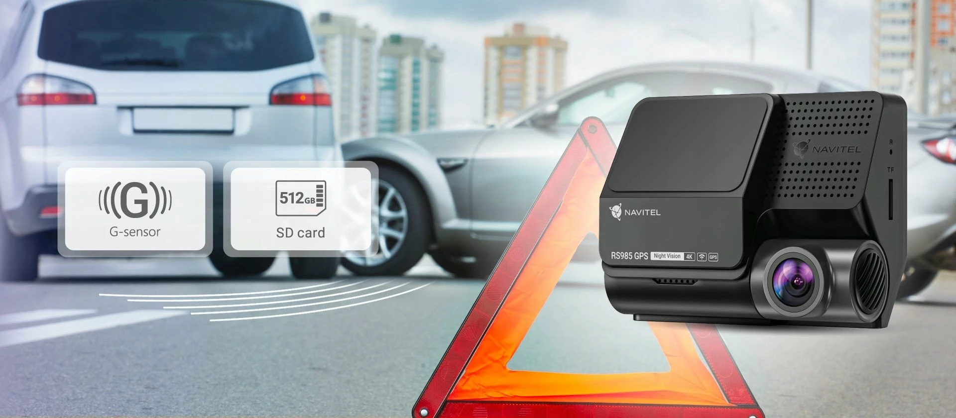 Dashcam Navitel RS985 4K me GPS, e zezë, set me kamerë të pasme