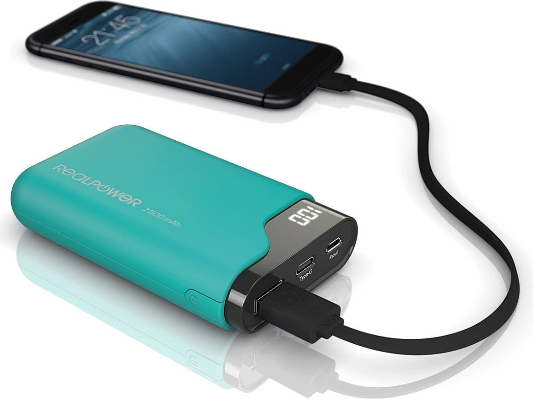 Power bank RealPower PB-7500C, 7500 mAh, USB-A/USB-C, ekran digjital, zi/jeshile
