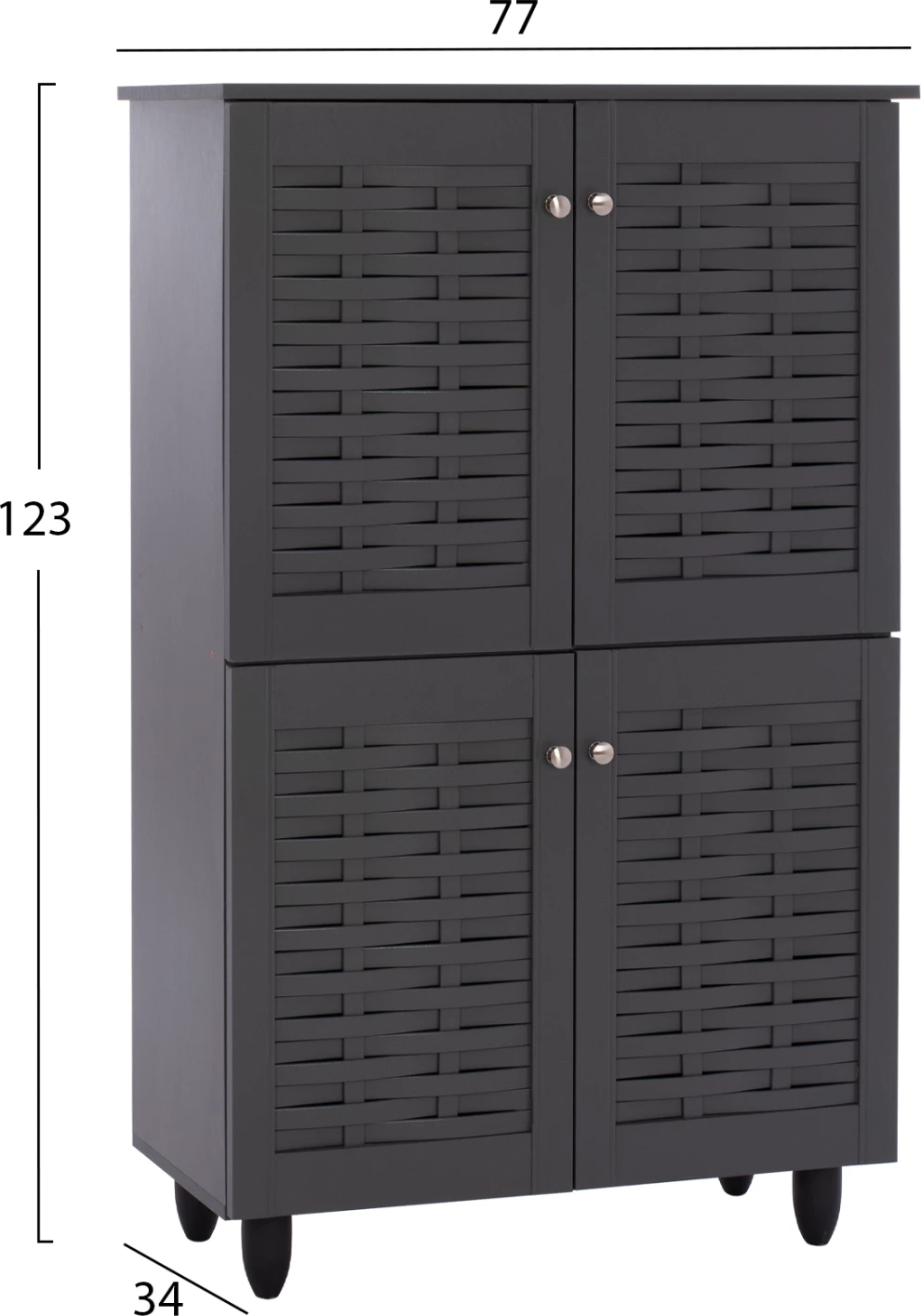 Kabinet këpucësh KABIRA, FH2210.10, 4 dyer, melaminë, ngjyrë gri e errët, 77x34x123H cm