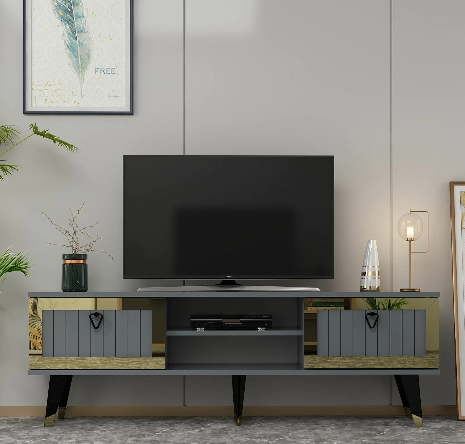 Komodë për TV, Skye Decor, ngjyrë antracit dhe ari, Lidya