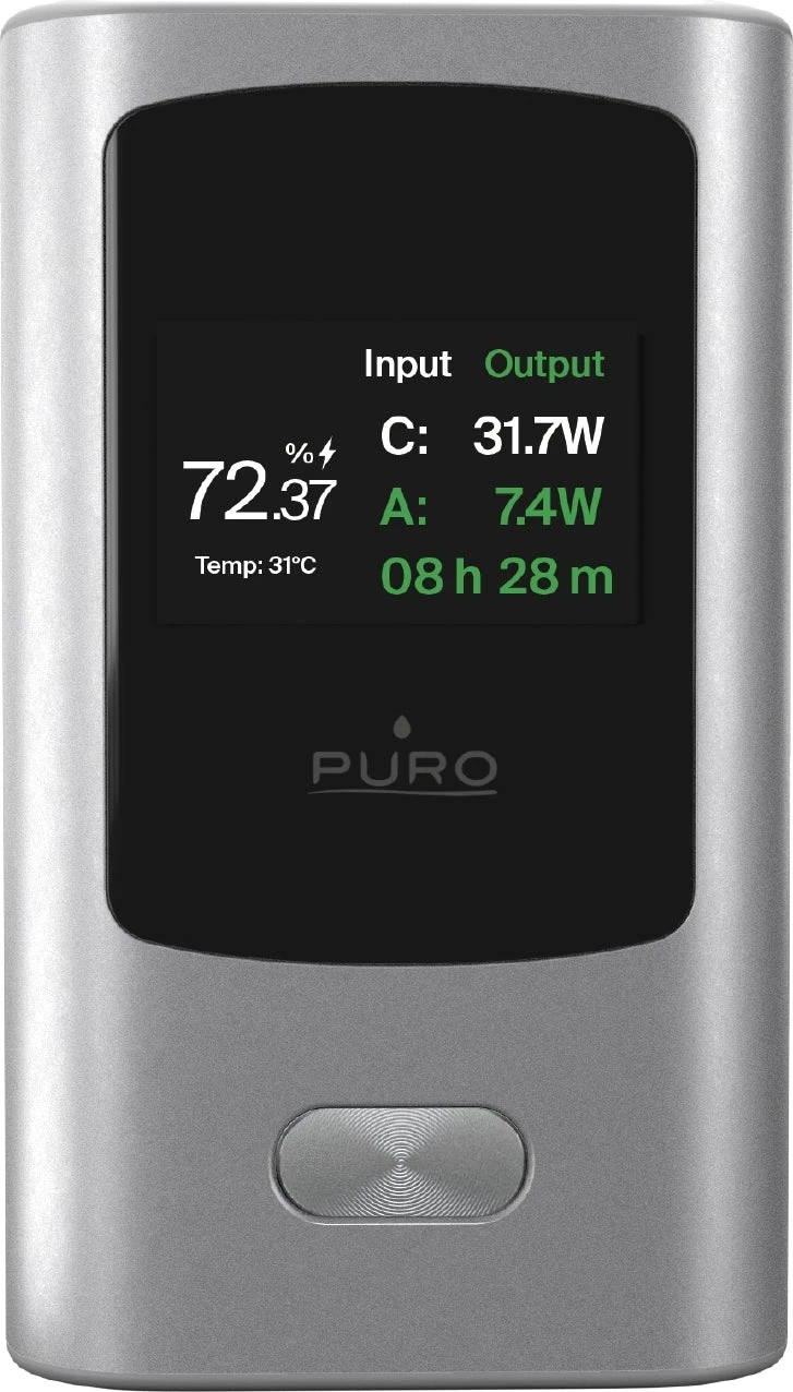 Power bank Puro PUFCBB100P10DKGR 10000mAh 45W PD, 2 porta USB-C/USB-A, ekran LED, gri