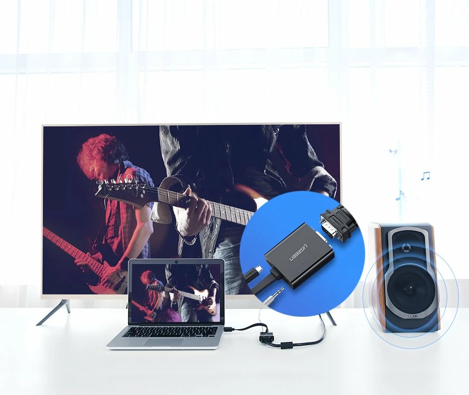 Adapter HDMI në VGA Ugreen 40248, me micro USB dhe audio 3.5mm, Zi
