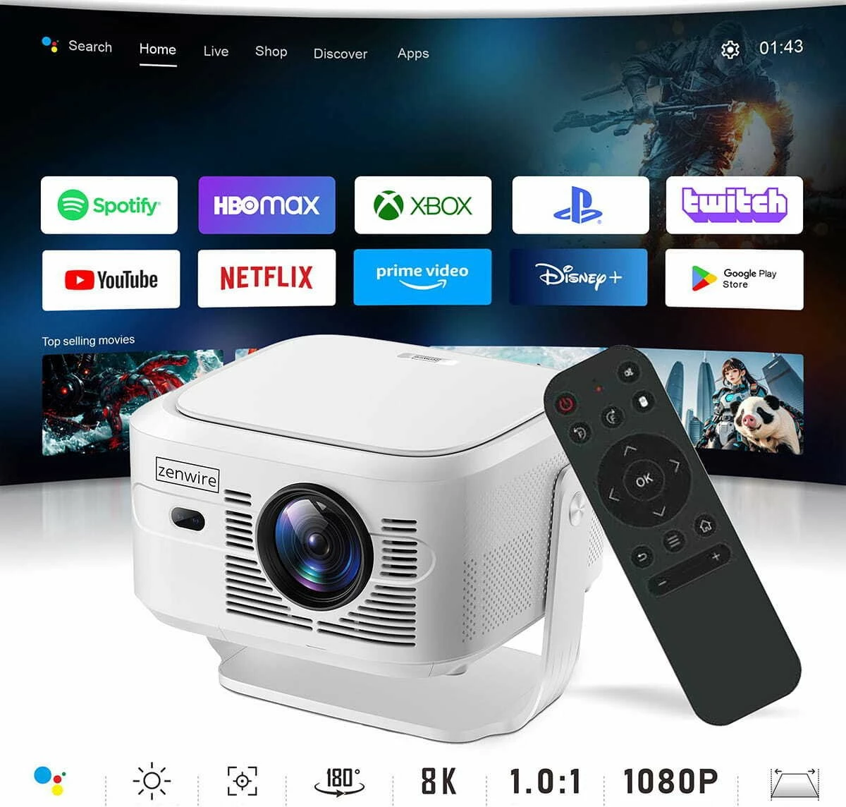 Projektor Zenwire PrimeView IMC460 Pro Full HD Android 14 950 ANSI WiFi 6 Bluetooth 5.4 2GB/16GB i bardhë