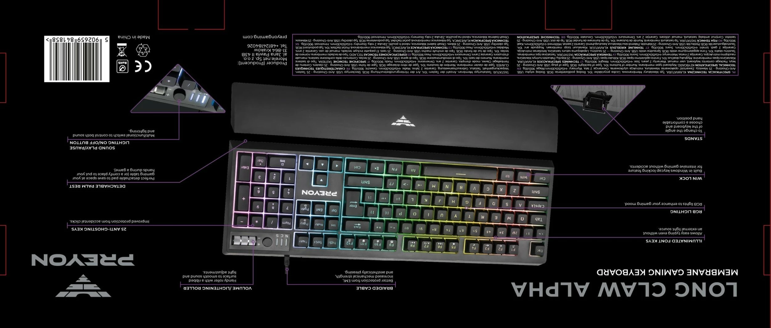 Tastierë gaming PREYON Long Claw Alpha PLCA104B, 100%, membranë, RGB, USB me kabllo, layout US, me mbështetëse dore magnetike, e zezë