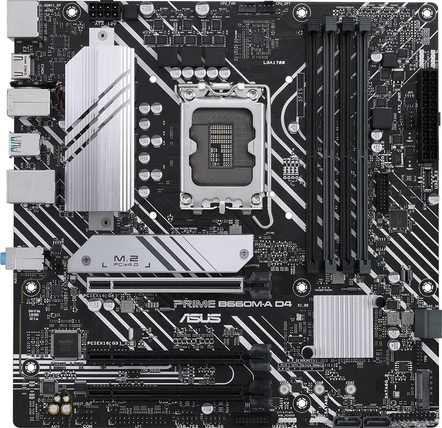 Pllakë amë ASUS PRIME B660M-A D4-CSM, mATX, LGA1700, DDR4 4xDIMM, 2xM.2, 4xSATA, PCIe 4.0, 1GbE, 1xDisplayPort, 2xHDMI, Aura Sync