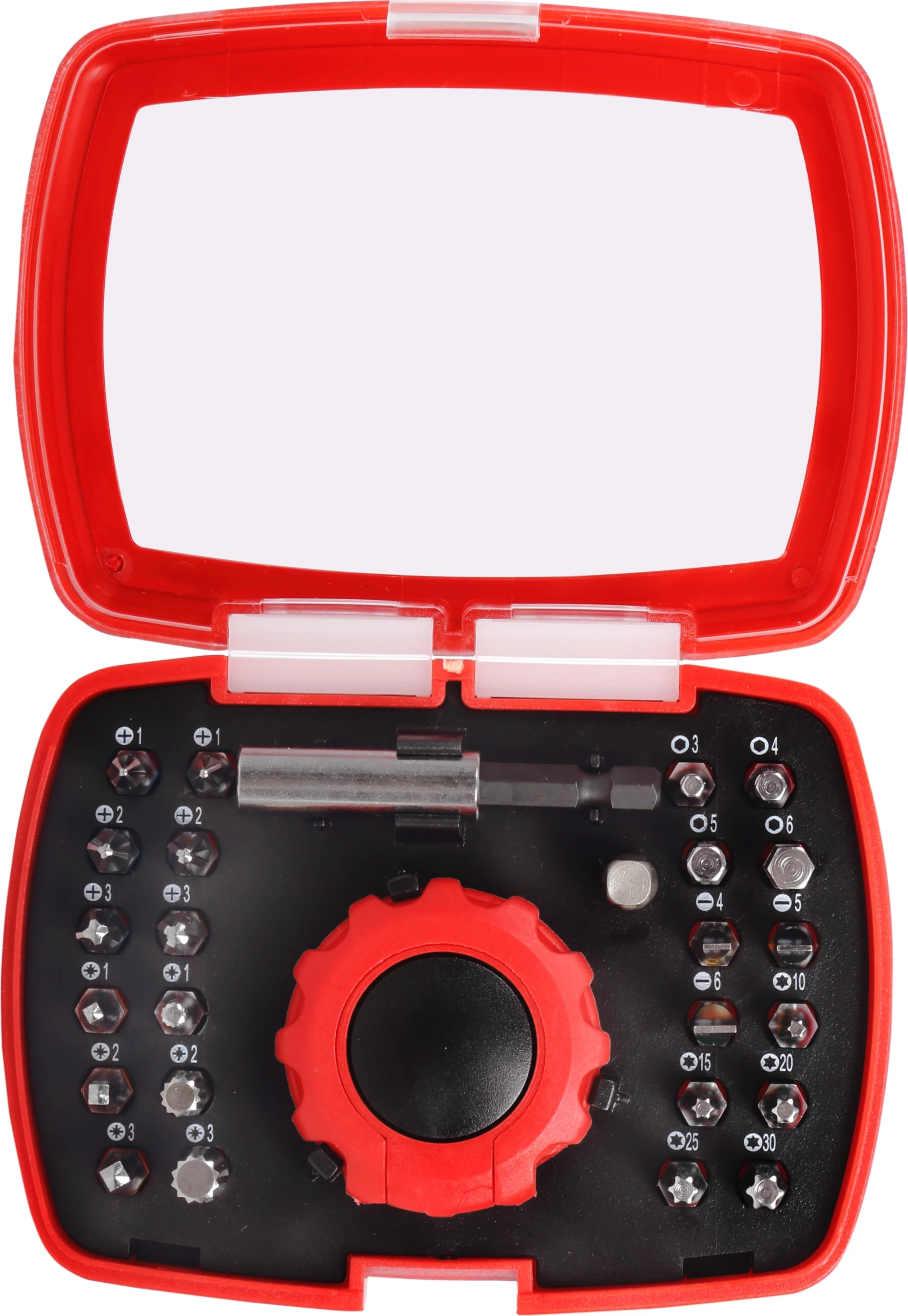 Set soketash PROLINE 10701, me raçetë dhe shufër magnetike, 27 copë, i kuq