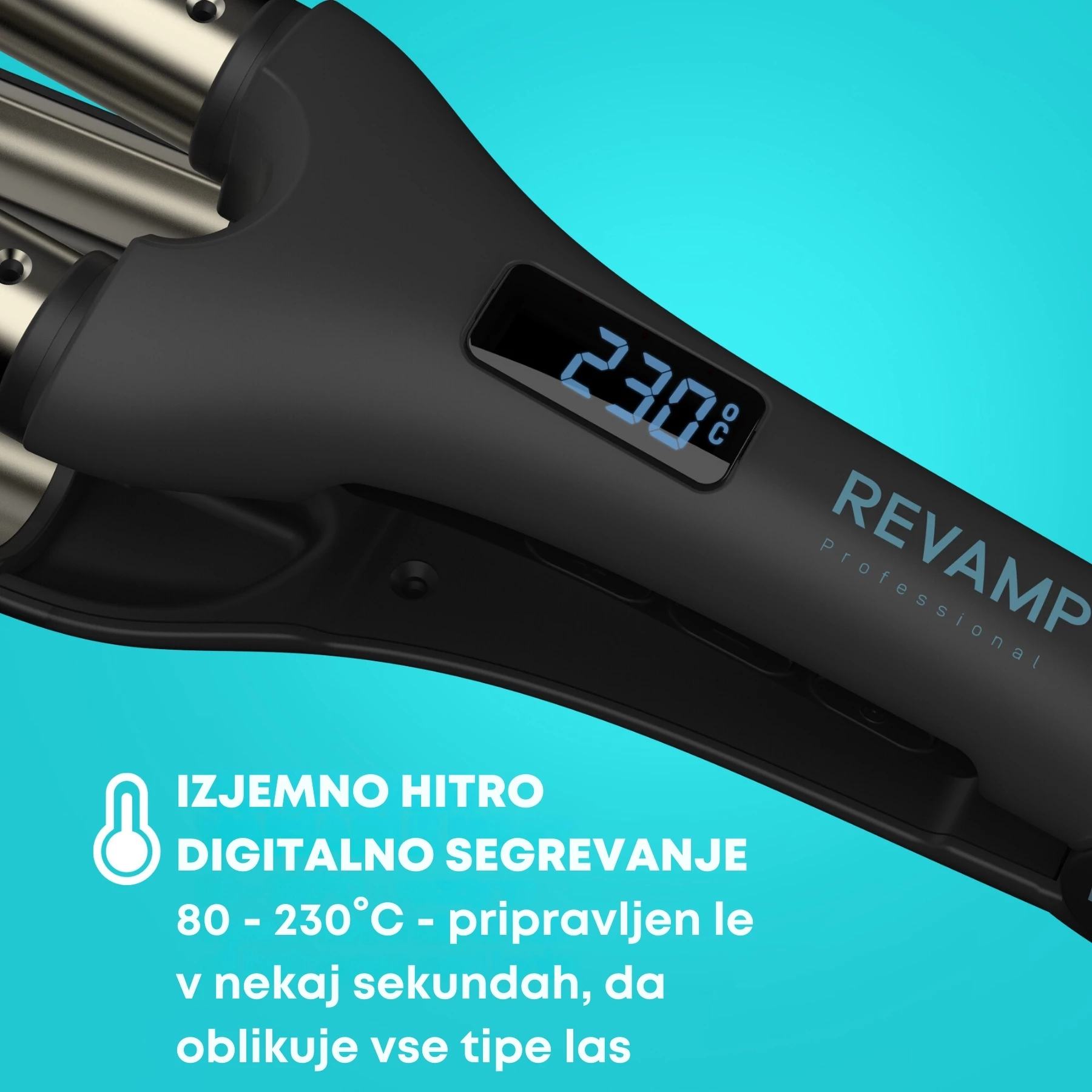 Hekur valëzues për flokë Revamp Progloss Wave Define WV-1750, triple 19 mm, 80–230°C, zi/argjendtë, me dorezë termike
