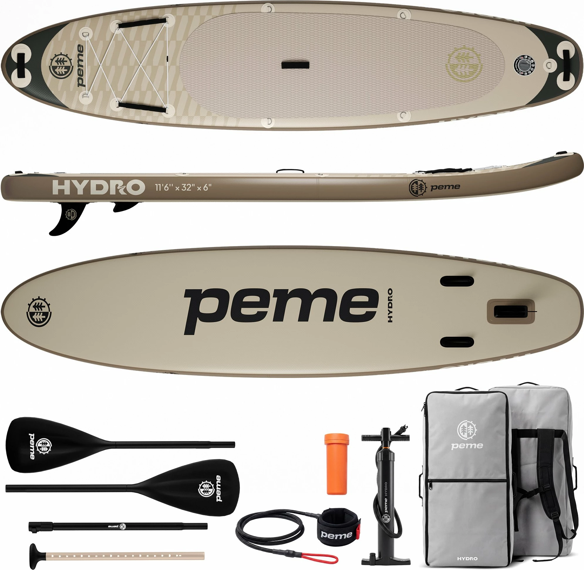 Dërrasë SUP me fryrje Peme Hydro 350 350x81x15 cm, Allround, deri 166 kg, set me lopatë/pompë/çantë, bezhë
