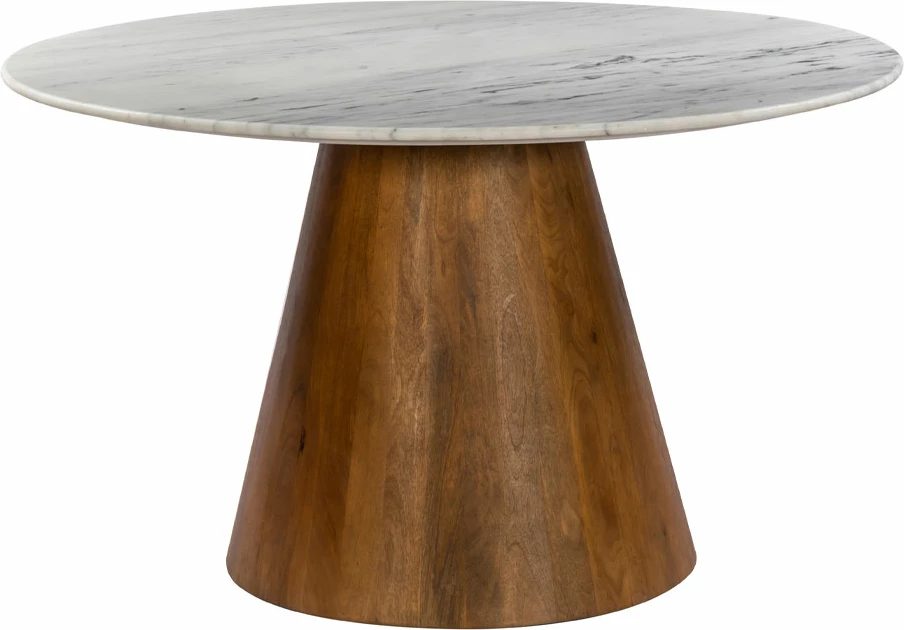 Tavolinë CESARE, mermer i bardhë, këmbë dru mango, 130x130x77cm