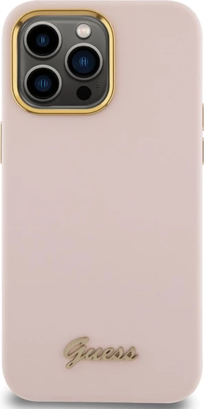 Mbështjellës Guess Silicone Script Metal Logo & Frame për iPhone 15 Pro, Rozë