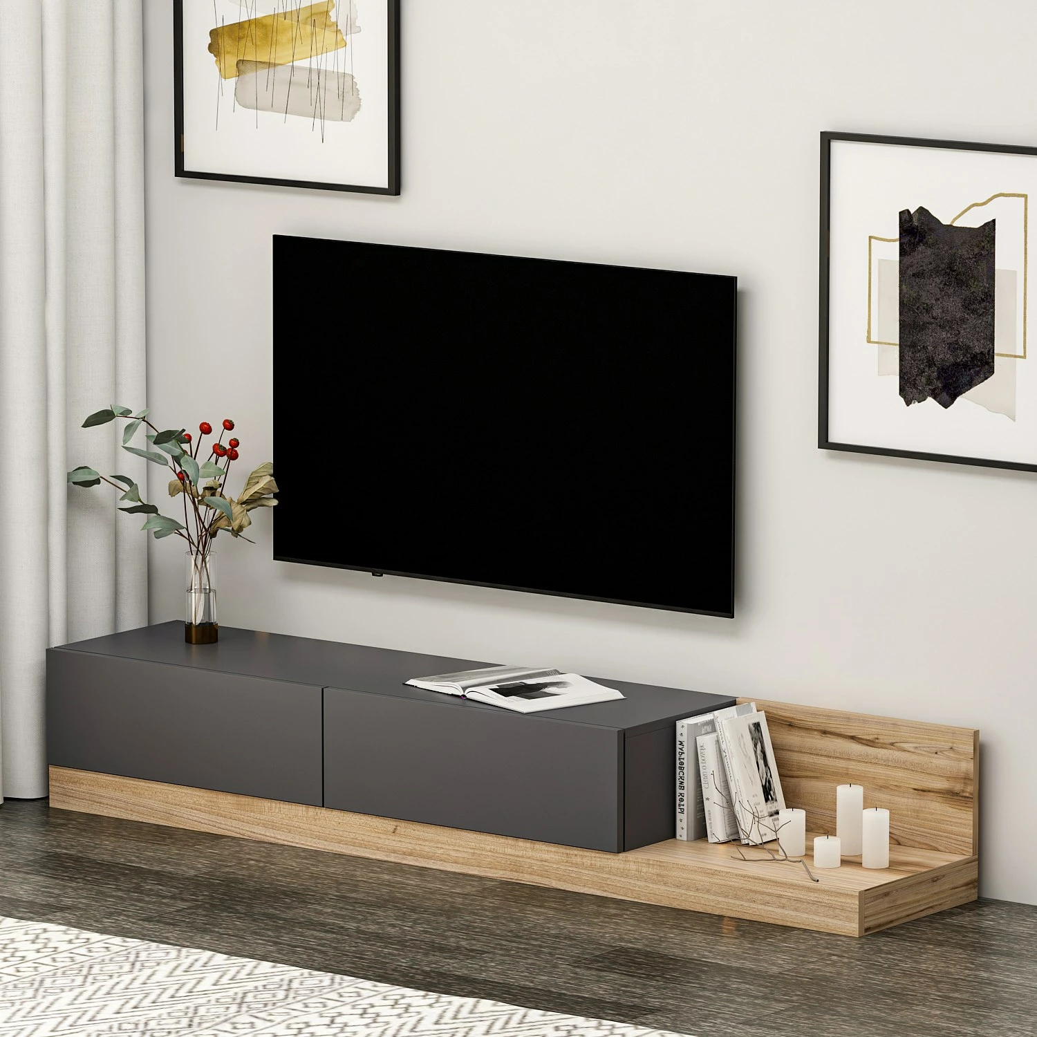 Komodë TV Skye Decor, ngjyrë antracit dhe arre, Majör
